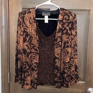 Alex Evenings Sz 8 Glitter Twin Set Jacket & Tank Top Metallic Gold Black 2 pcs